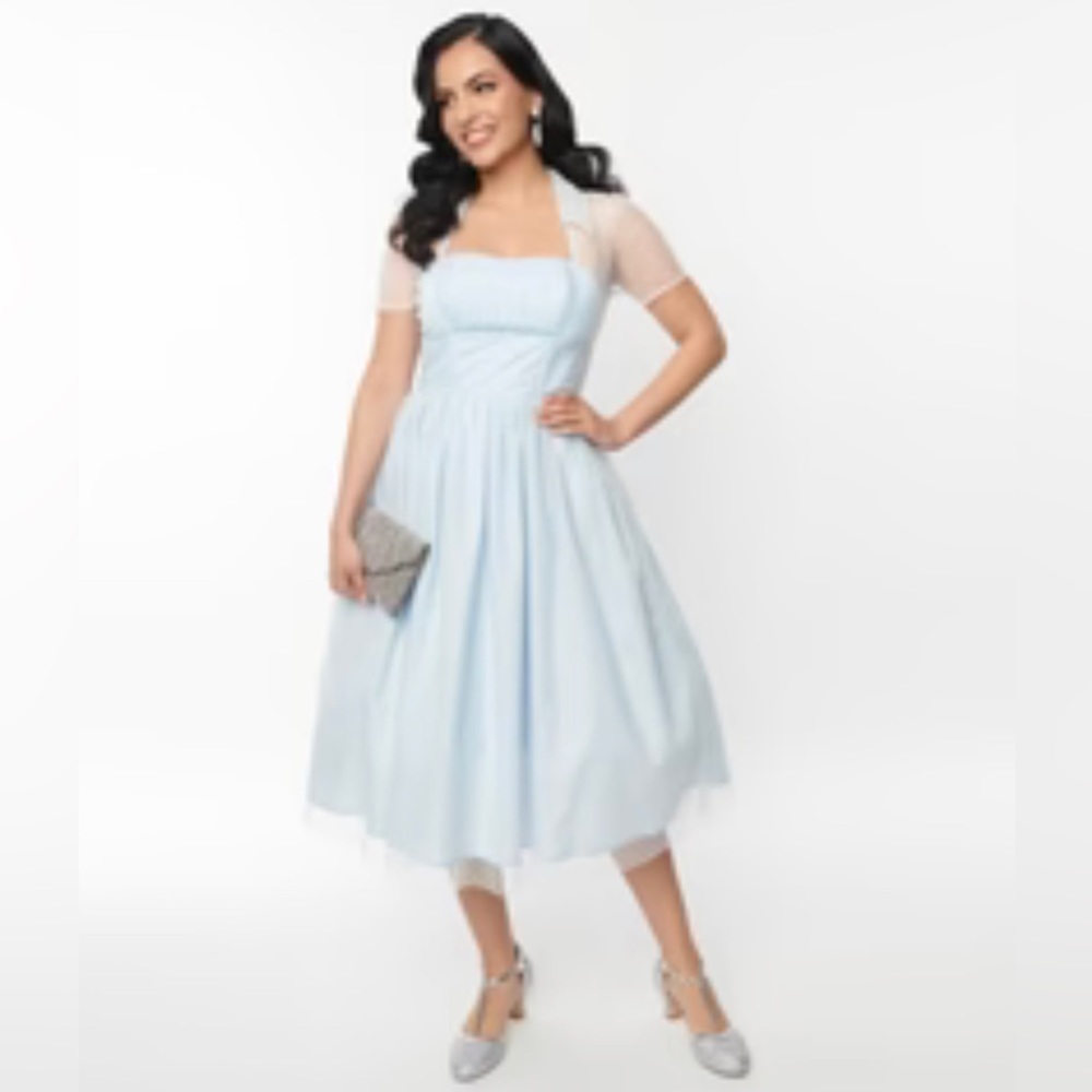Pale blue polka dot Libby swing dress